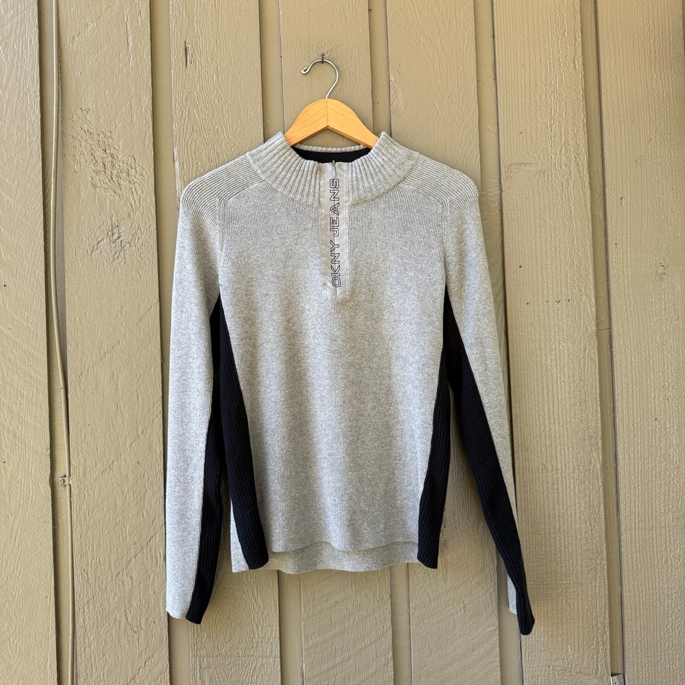 DKNY Jeans Sweater Quarter Zip Pullover Women XL Gray Black Cotton Ribbed Knit